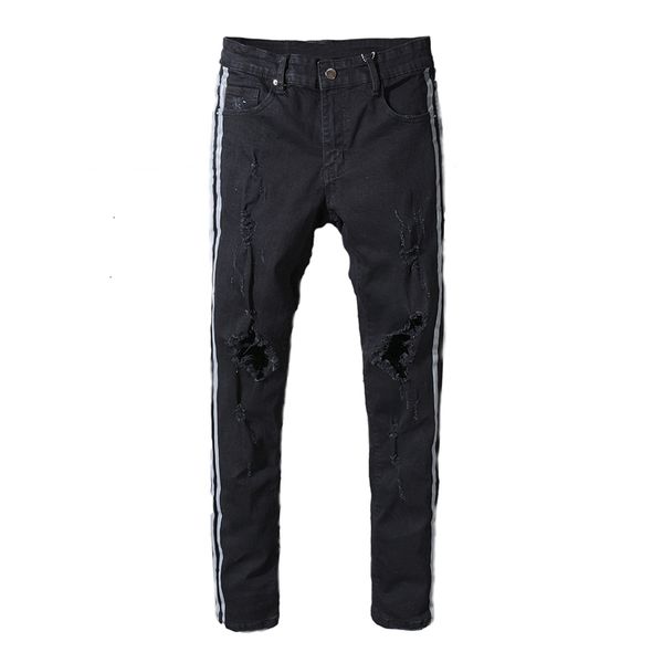

new men's male trousers street fashion summer style black slim denim knife cut holes beggar hairdresse pants lz4o, Blue