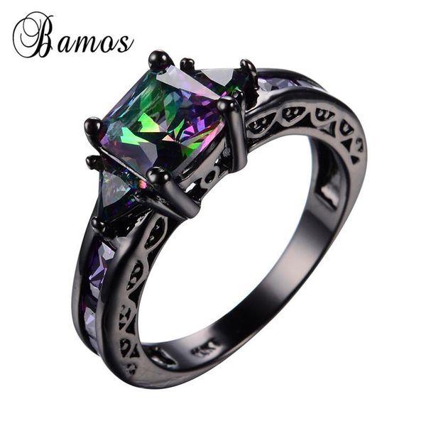 

wedding rings bamos fashion mystery & rainbow ring retro black gold filled bands square zircon multicolor birthstone, Slivery;golden