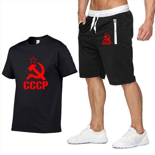 

ussr cccp fashion two men t shirts pieces sets shorts suit summer tees moscow russia clothing, White;black