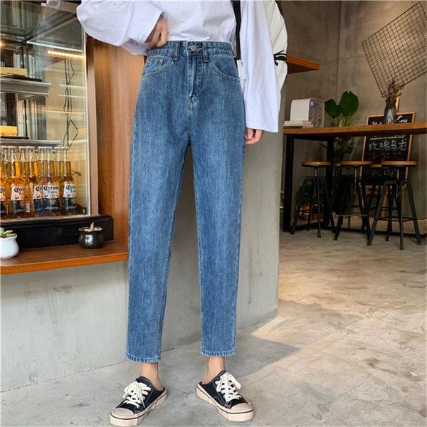 

women's jeans hzirip vintage women high waist denim all match retro large size loose female slim ankle-length straight pants, Blue