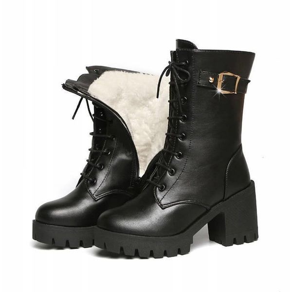 

boots drop 2021 ankle lace up with fur women ladies shoes plus size heels black