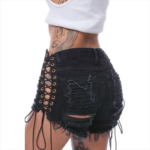 

summer plus size womens jeans denim black white ripped short high waisted tassel elastic lace up club ants, Blue
