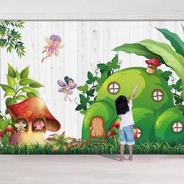 

wallpapers custom 3d wallpaper mushroom house fairy leaves cartoon mural children's room kindergarten baby background po wall paper