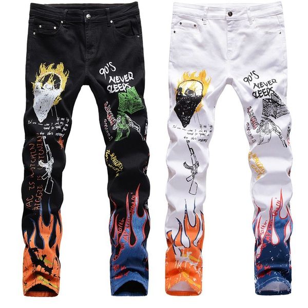 

2021 new fashion hipster letters flame black printed jeans slim straight colored painted stretch skeleton graffiti street men's pants l, Blue