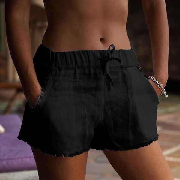 

summer pockets cotton linen shorts women fashion fringe solid color shorts with pockets summer femme, White;black