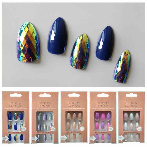 Mode glänzende künstliche Nägel für Frauen, Metallfarbe, selbstklebend, 24 Stück Tipps für Mädchen, gefälschte Nagelaufkleber