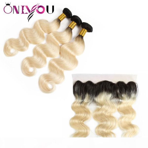 

1b 613 ombre body wave human hair bundles with 13*4 lace frontal ear to ear brazilian peruvian indian virgin remy hair weaves extensions, Black