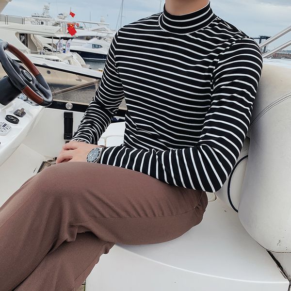 

New Hot 2021 Sale Autumn Striped t Shirt Men's Clothes Fashion Long Male Casual T-shirts Fine Tuning Turtlenecks High Pullovers VL1A, Black;brown
