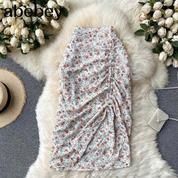 

women boho floral skirt design drawstring high waist slim chiffon skirts summer irregular split vacation beach skirts 210715, Black