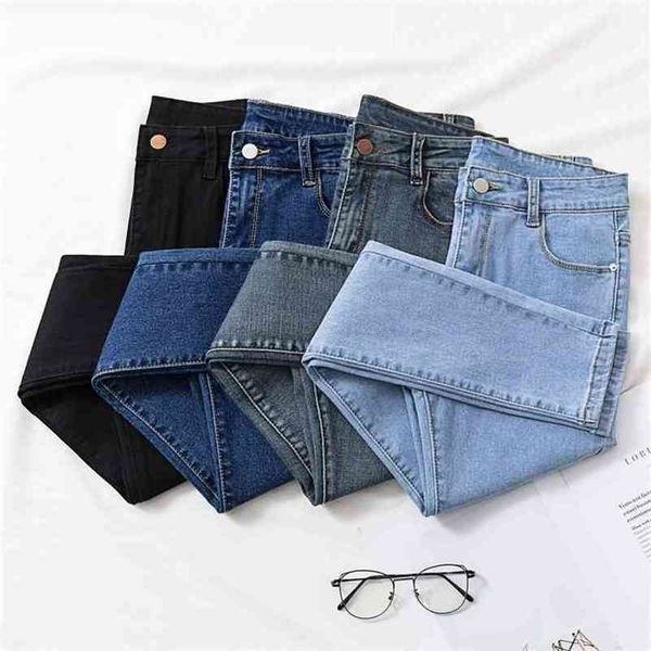 

solid skinny jeans woman chic show slim hole denim pencil pants high waist elastic jean female korean style 210809, Blue