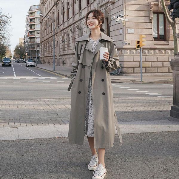 

women 2021 autumn winter new loose oversized long trench coat female double-breasted belted lady cloak windbreaker outerwear s96, Tan;black