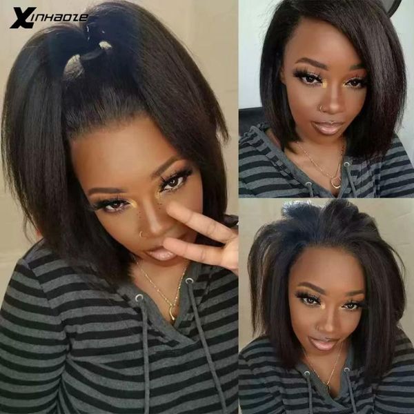 

lace wigs light yaki straight 13x4 frontal human hair for women coarse kinky brazilian short bob 4x4 closure wig, Black;brown