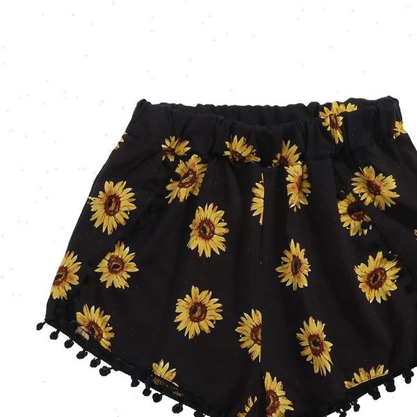 

2021 new summer women shorts korea casual pocket elastic waist ball tassel sunflower print for beach home 905113, White;black