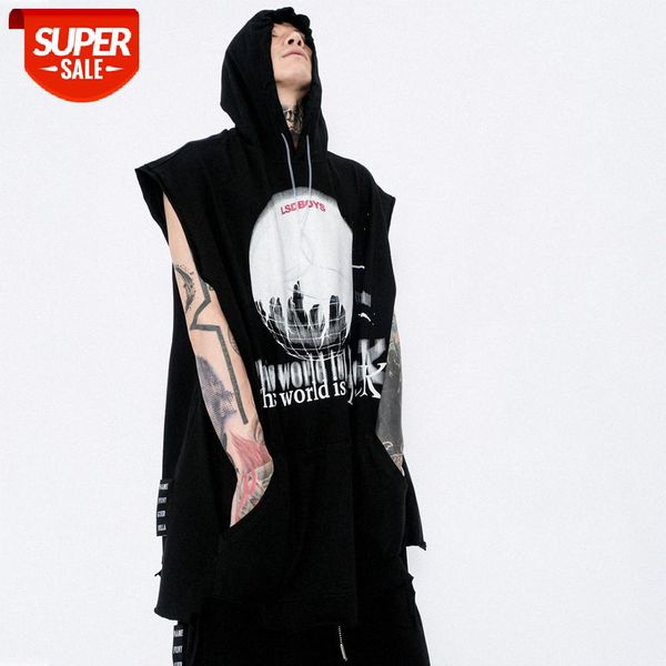 

big pocket letter print hooded sleeveless vest men's street loose sports waistcoat sweatshirt #sn4v, White;black