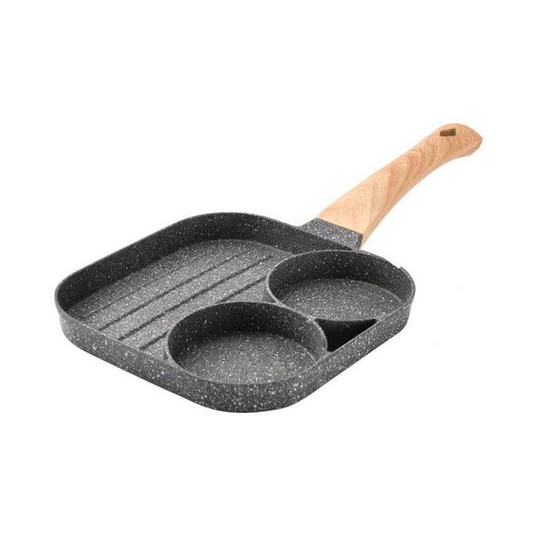

pans 1pc 2 hole frying pan non stick breakfast burger egg pancake maker wooden handle stone two omelet kitchen accessories