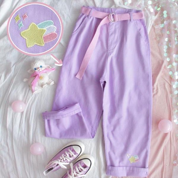 

japanese high waist cute women pant casual purple korean kawaii girls wide leg trousers harajuku cartoon embroidery denim, Black;white