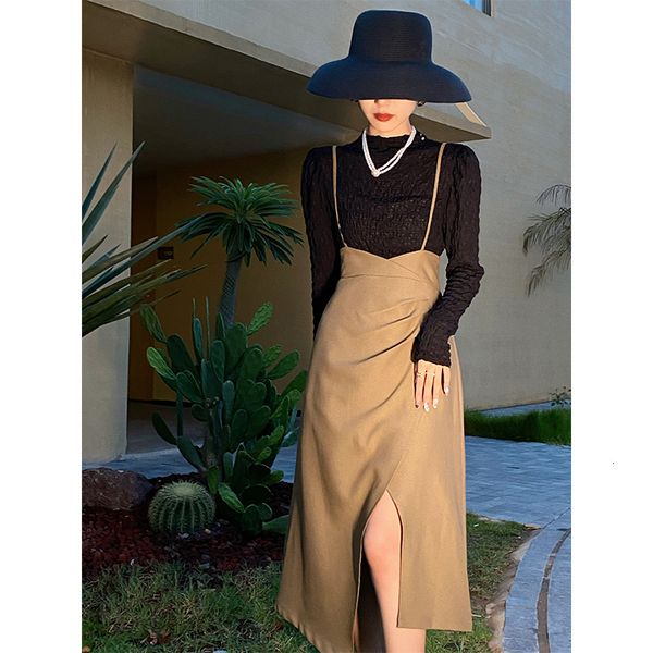 

skirts [kuoser] thirteen line women's clothing 2021 autumn slit suspender skirt, leisure high waist a-line skirt, Black