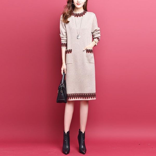 

casual dresses women autumn winter fashion loose sweater dress female knitted long sleeve ladies empire vintage embroidery p30, Black;gray