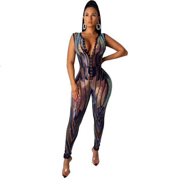 

2021 new jumpsuits sequined glitter sparkle o neck with buttons patchwork colorful clubwear night out women tight bodycon playsuits ldo, Black;white