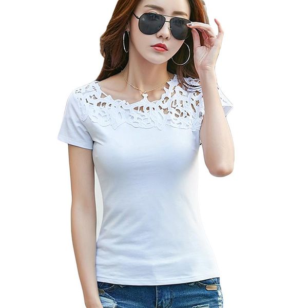 

women's t-shirt 1 summer women hollow out t shirts lace patchwork basic t-shirts office lady casual short sleeve tee shirt femme, White