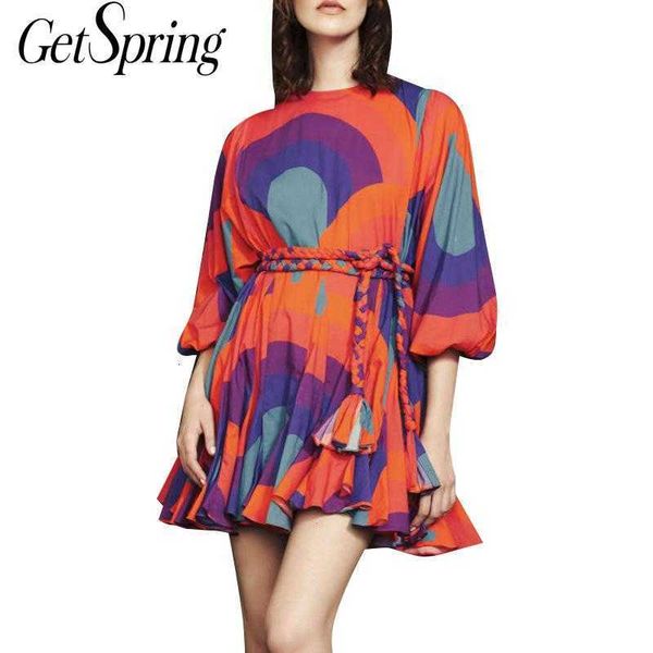 

getspring women dress lantern sleeve ruffle printed es lace up loose leisure summer es plus size ladies 210601, Black;gray