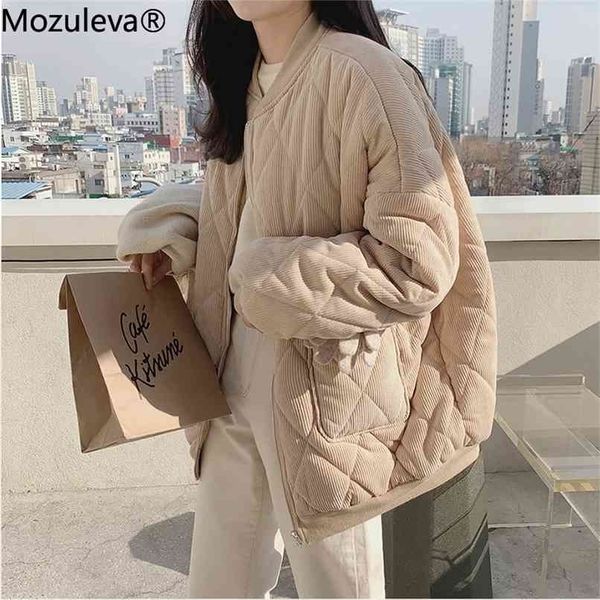 

mozuleva autumn winter women thick jackets v-neck puffer corduroy parkas high-quality warm oversize vintage wild coat 210922, Black