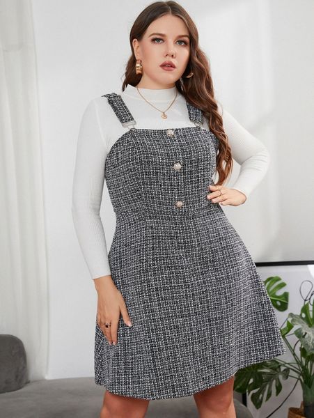 

plus plaid tweed overall dress without c9rk#, Black