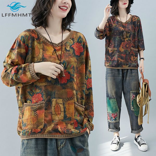 

2021 new women winter fall folk vintage traditional floral print pullovers long sleeve v-neck knitted cozy sweater lady retro casual ig, White;black