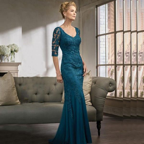 Teal azul meia mangas compridas renda sereia mãe da noiva vestidos v pescoço varredura de trem apliques vestidos de noite de casamento