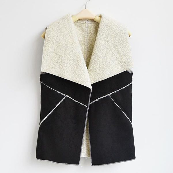 

women's vests vintage autumn winter women suede warm fleece turn-down collar vest jackets sleeveless slim outerwear coat waistcoat, Black;white