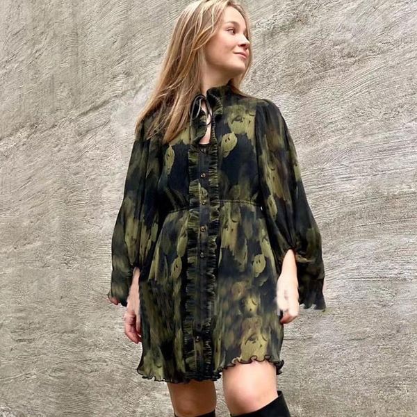 

casual dresses elegant ruffle robe midi long sleeve dress ruffles neck large a line tie dye button flowers vintage robes retro femme chic, Black;gray