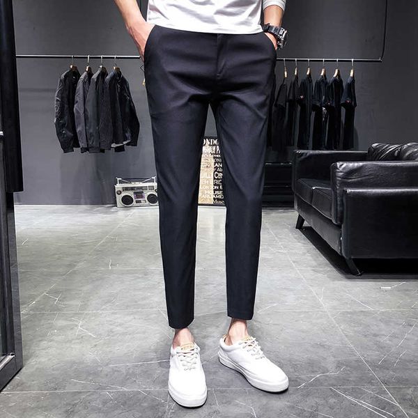 

autumn harem pants men slim fashion solid color business casual dress pants man streetwear wild british wind trousers male, Black
