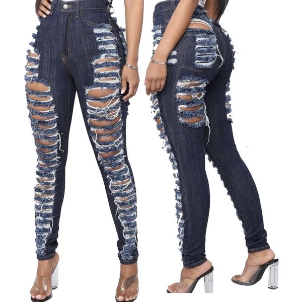 

personalized front and back hole high waist denim leggings, Blue
