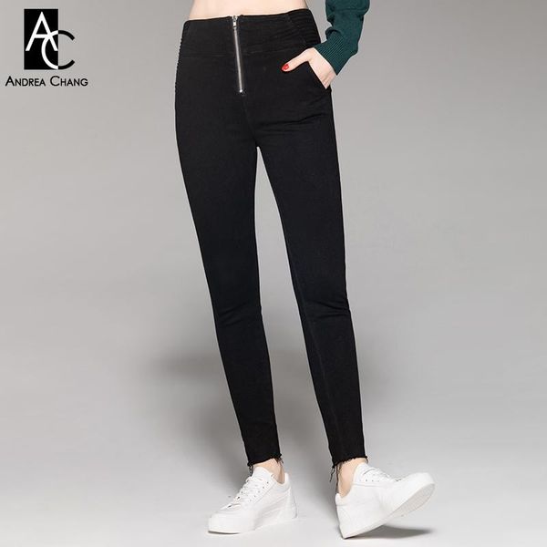 

women's pants & capris autumn spring woman jeans zipper waist elastic denim cotton black fashion casual slim pencil, Black;white