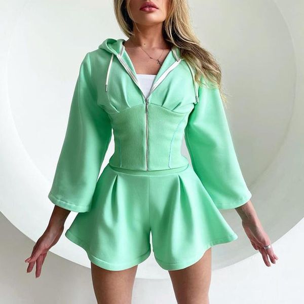 

women's tracksuits agong casual solid hooded zipper suits women fashion collected waisted slim suit elegant flare shorts female ladies, Gray