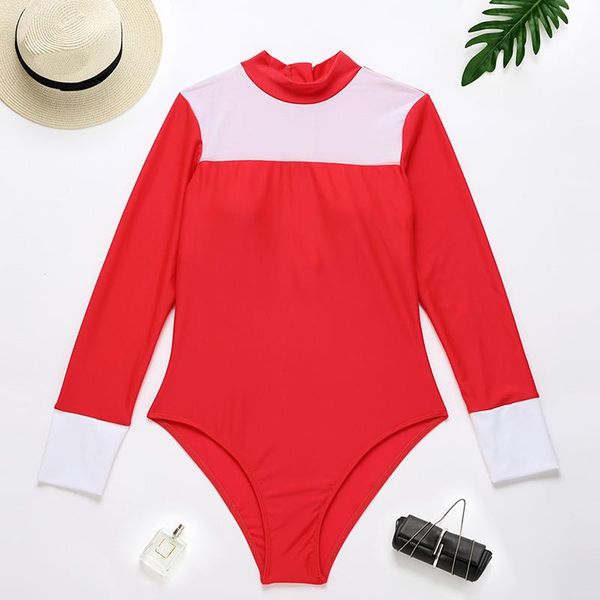 

long sleeve one-piece swimsuit 2021 new mesh patchwork surfing suit zipper monokini swimming suit for women bodysuits