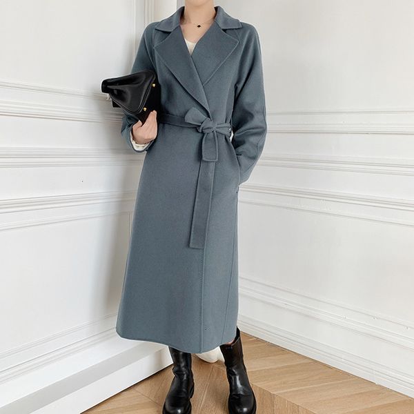 

women's wool & blends coats autumn winter women jacket loose turn-down collar simple elegant ladies mid-length coat with s koyr, Black