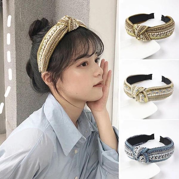 Donne Harajuke Hairband Bow Knot Cross Tie Pearl Headwrap Cerchietto per capelli Copricapo Elegante tessuto Fasce per capelli Cerchietti larghi Blu oro