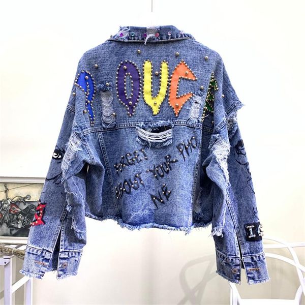 Jaquetas Femininas 2022 Outono Mulheres Denim Jaqueta Graffiti Alfabeto Impressão Cor Beading Holes Jeans Casual Moda Estudante Básico Casaco