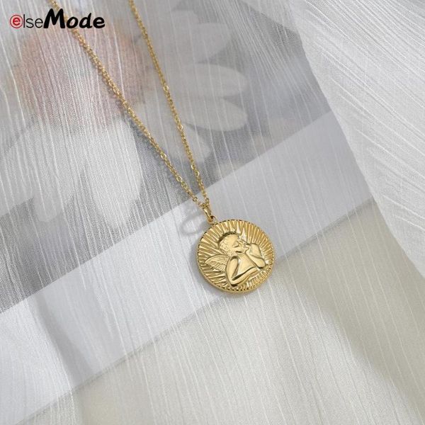 

pendant necklaces elsemode cute angel gold color stainless steel round necklace for women bridesmaid friend gifts, Silver
