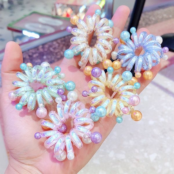 

phone line hair ring candy color big beads hairbands cold wind rubber band seamless head rope holders, Slivery;white