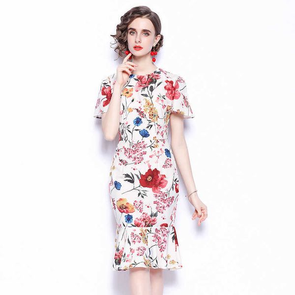 Pista de verão Feminino Vintage Floral Floral Flores Impressão Vestidos Casuais de Alta Qualidade Slim Sereia Vestido Vestido 210529