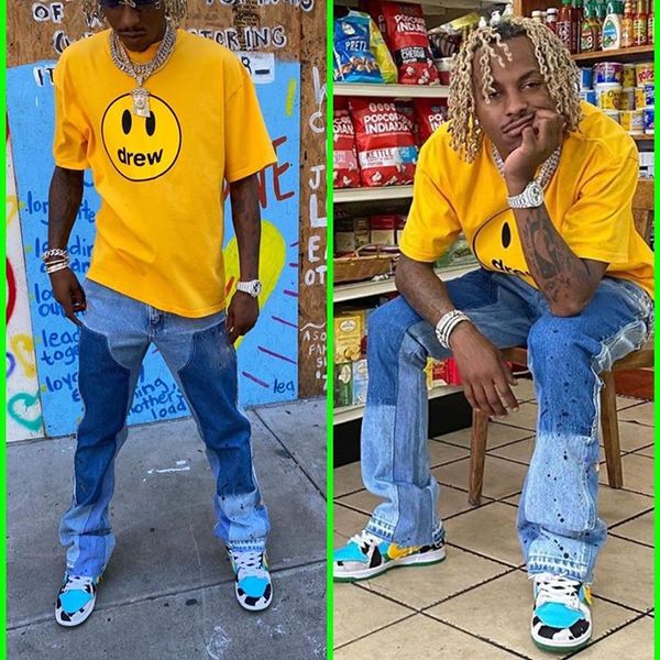 

men's jeans mens high street color block spliced washed oversize wide leg straight denim flare pants retro loose casual trousers, Blue