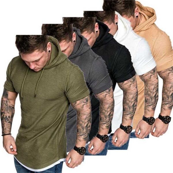 

2021 men's summer short-sleeved hoodie sports shirt solid color gym sweatshirt casual fashion hip-hop short-sleeved hooded sweater, Black