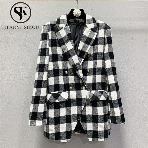 

black plaid blazer jacket women fashion double breasted pocket long sleeve suit autumn womens office loose blazers coat women's suits &, White;black