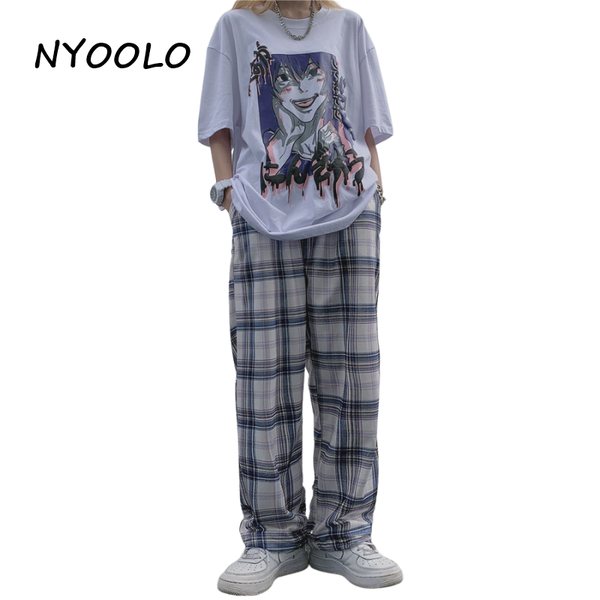

women's pants & capris nyoolo casual vinage plaid elastic waist straight women men clothes harajuku street hip hop skateboard sportwear, Black;white
