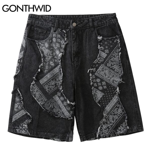 

gonthwid denim shorts bandana paisley pattern patchwork short jeans streetwear hip hop harajuku fashion casual baggy short pants c0325, White;black