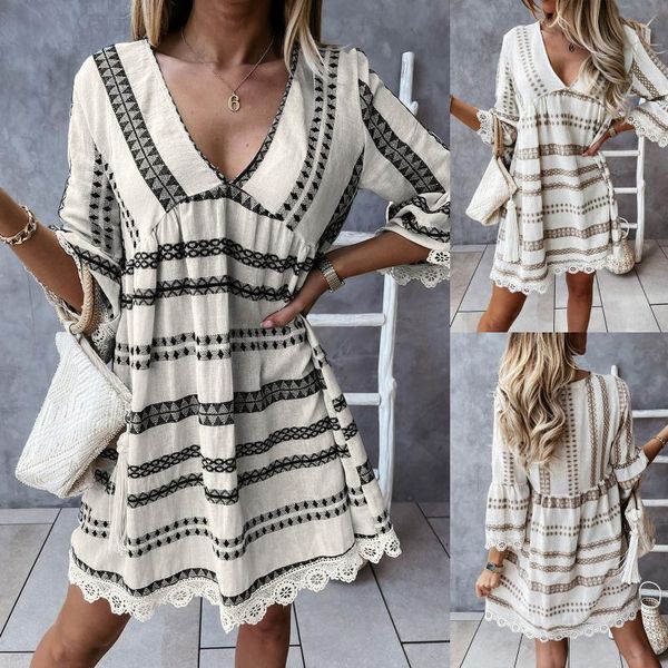 

casual dresses plus size women's dress fashion elegant lace printed high waist loose lapel vestido de mujer, Black;gray