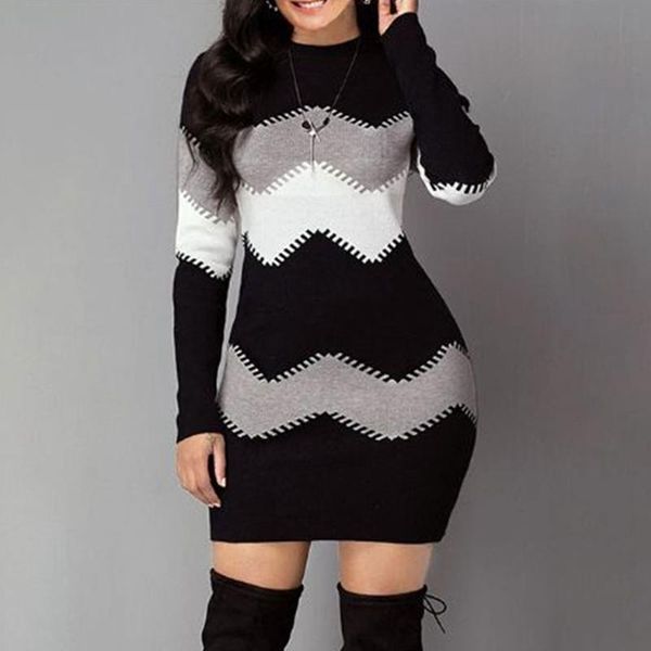 

nibesser women sweater dress knitted long multi-color long striped long-sleeved autumn winter sweater slim-fit, White;black