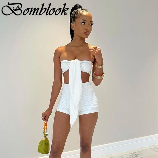 

women's tracksuits bomblook party club suit summer 2021 solid lace up strapless shirring shorts sets vetement femme streetwears, Gray